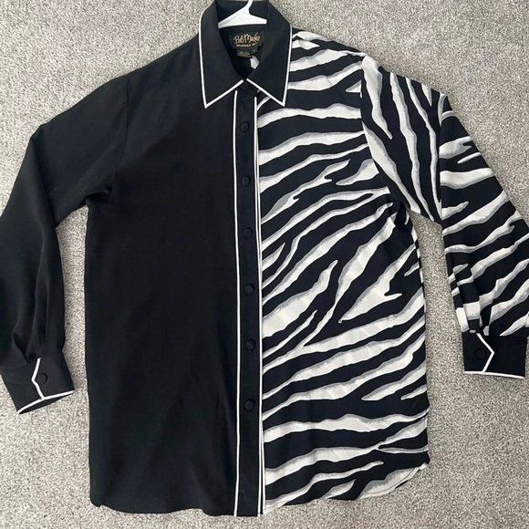VTG Bob Mackie Wearable Art Womens Silk Button Up Blouse Top Black White Zebra M - Picture 2 of 7